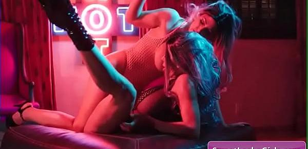 Naughty big tit lesbian sluts Alexis Fawx, Angela White wearing sexy lingerie finger fuck and eat each others pussies